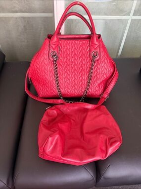 Quilted Red Women's Tote Handbag with Chain Detail
